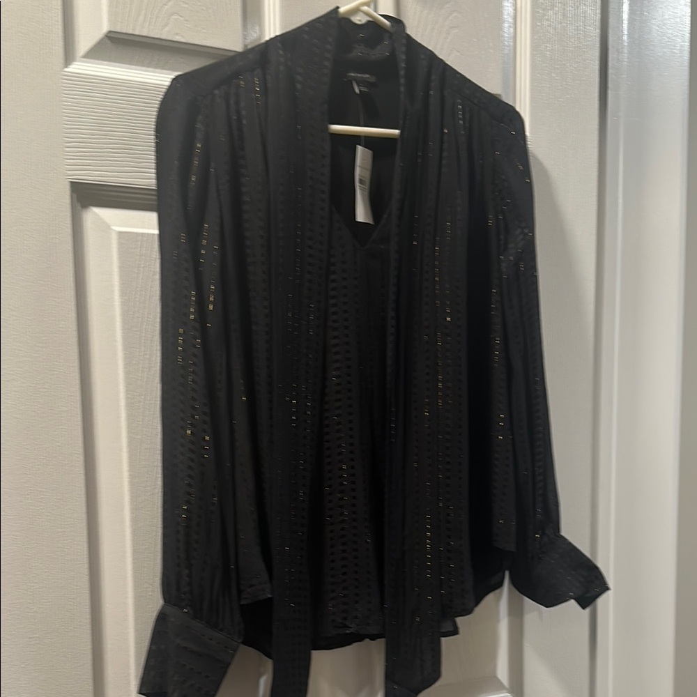 Ann Taylor Black Pleated Long Sleeve Blouse